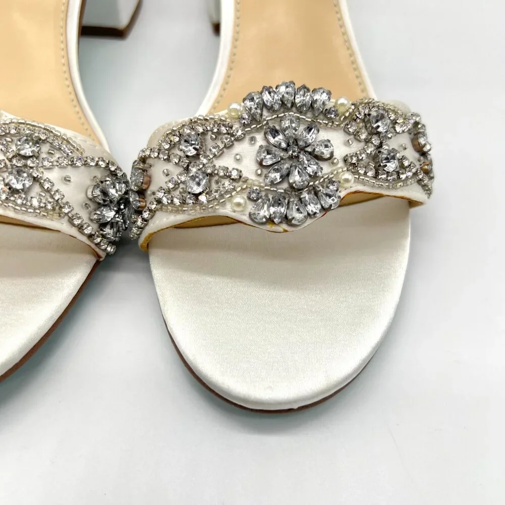 Betsey Johnson Size 8 Mel‎ Ivory White Satin Jeweled Heels Dress Sandals Shoes